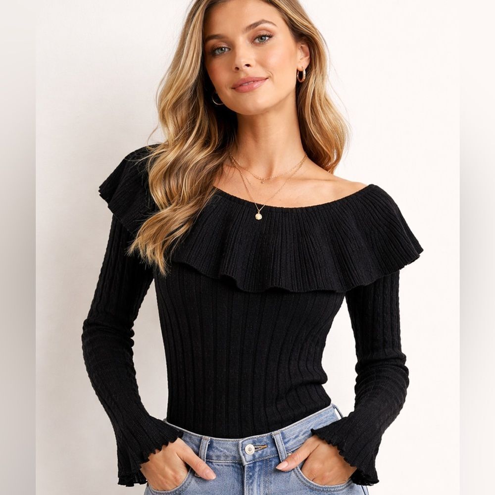 Free People Black Cropped Ruffle Knit Sweater